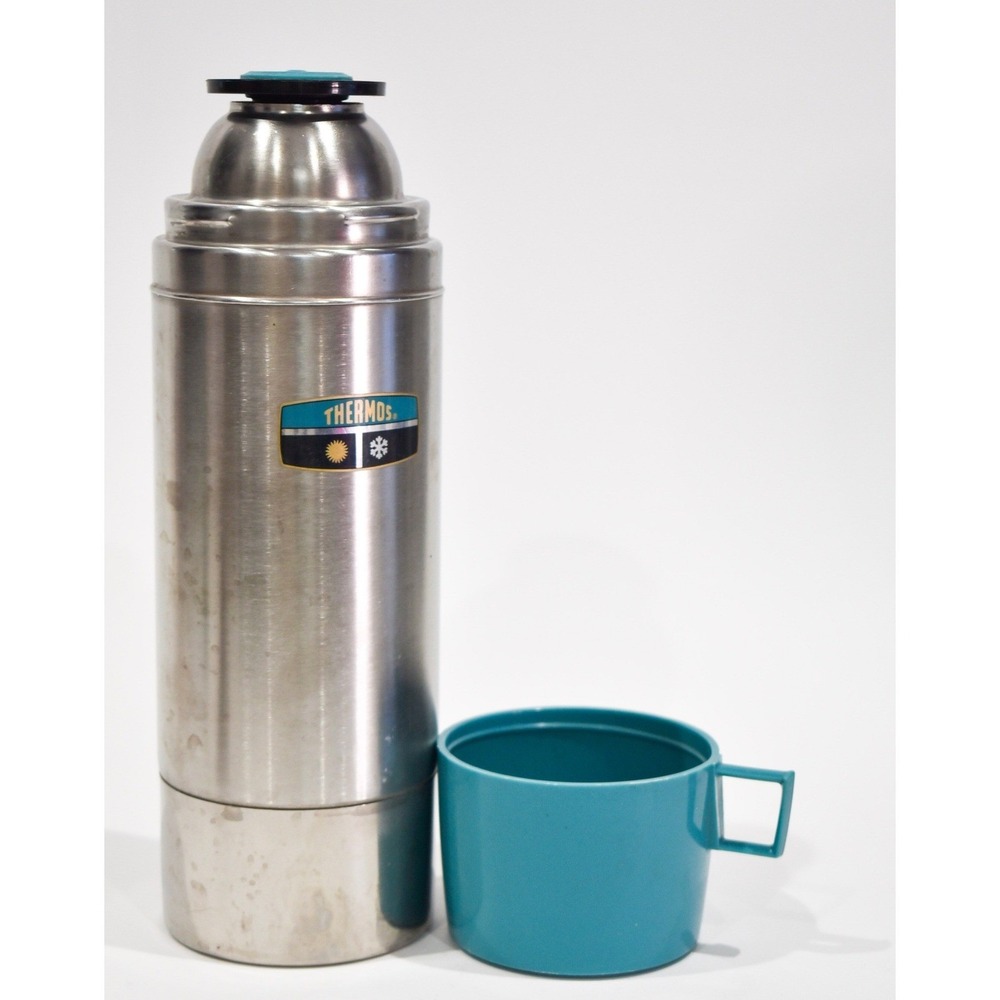 Vintage Thermos King Seeley Stainless Steel Quart Vacuum Bottle Teal Cup MCM